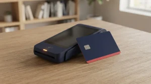Bankkarte neben einem Zahlungsterminal auf einem schlichten Schreibtisch