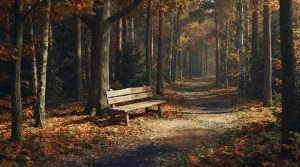 Holzbank am ruhigen Waldweg zwischen hohen Bäumen und Laub
