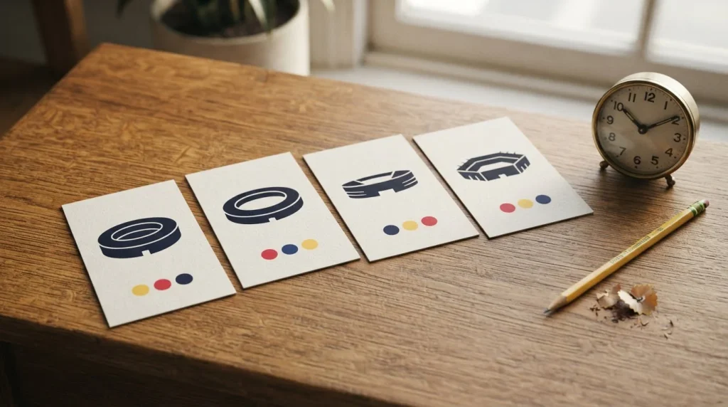 Mehrere neutrale Spielkarten mit Symbolen für Sportereignisse als Anordnung auf einem Schreibtisch