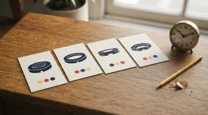 Mehrere neutrale Spielkarten mit Symbolen für Sportereignisse als Anordnung auf einem Schreibtisch